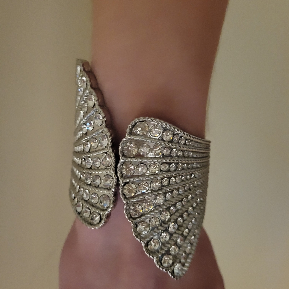 Vintage Silver Tone Rhinestone Angel Wing Hinged Cuff Bracelet